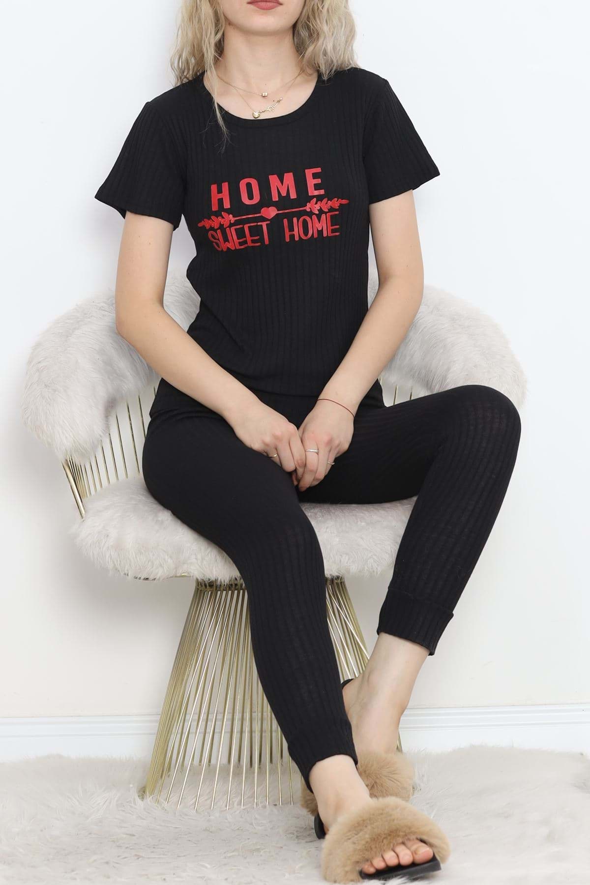 Baskılı Fitilli Pijama Takımı Siyahkırmızı - 18770.1048. resmi
