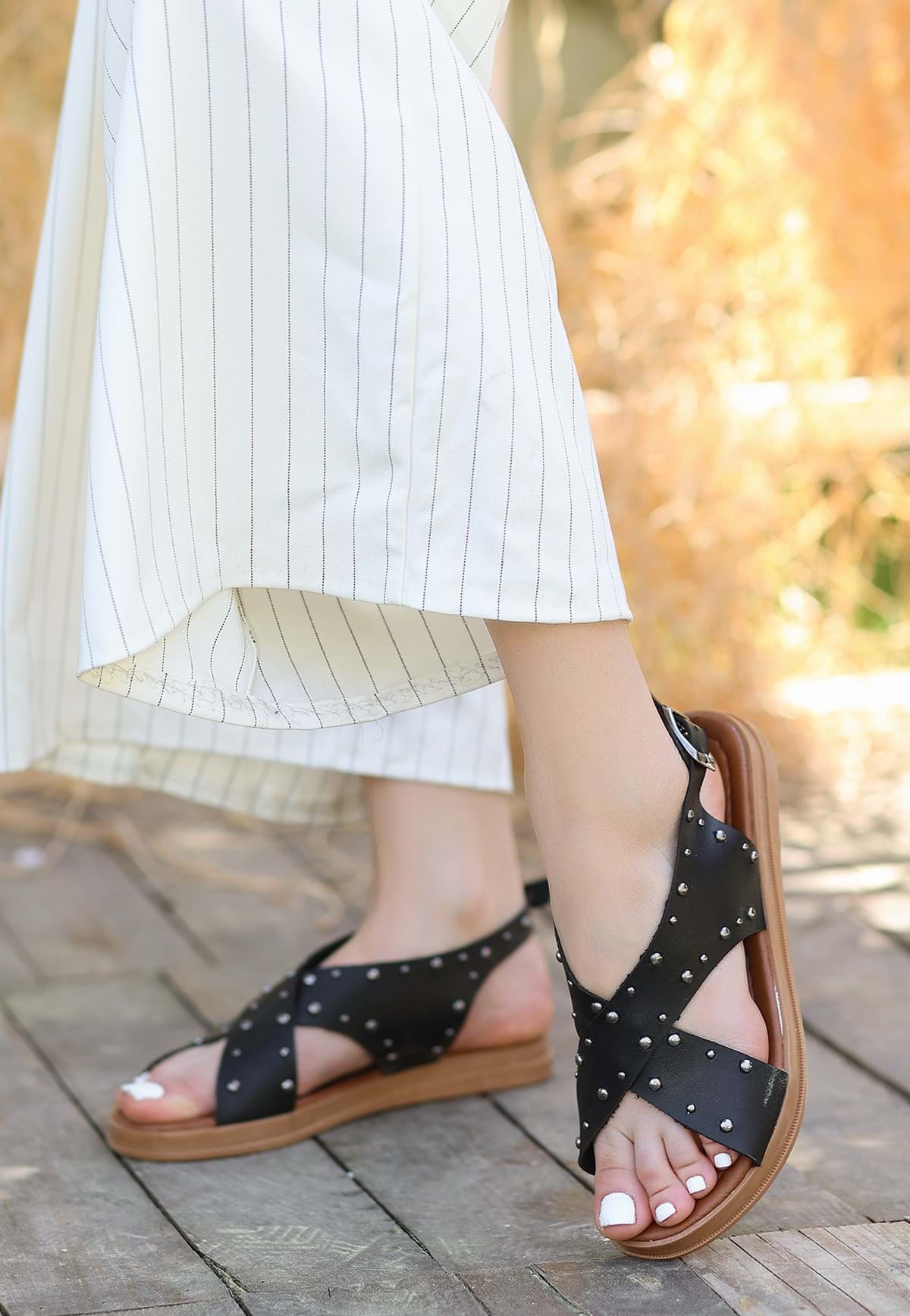 Lilan Siyah Deri Sandalet resmi