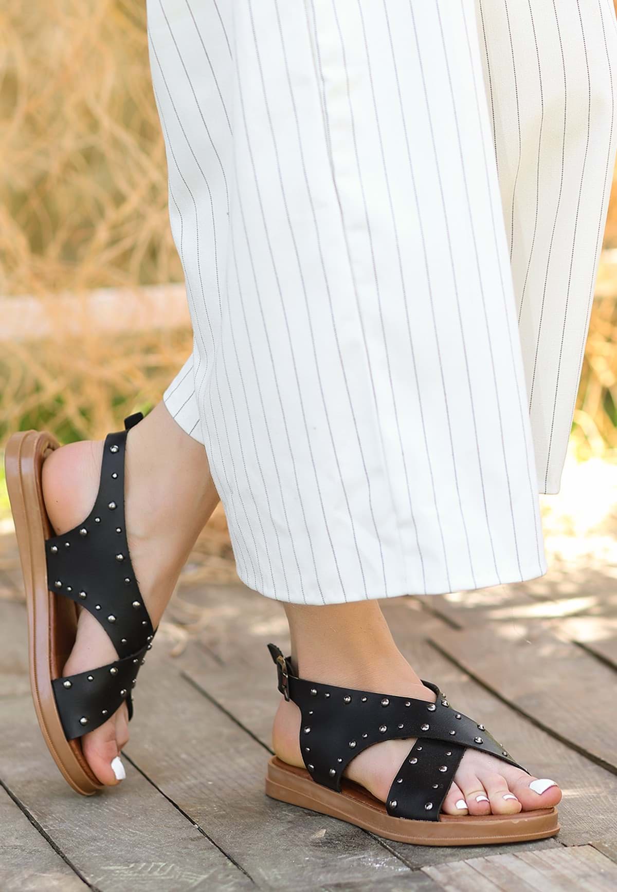 Lilan Siyah Deri Sandalet resmi