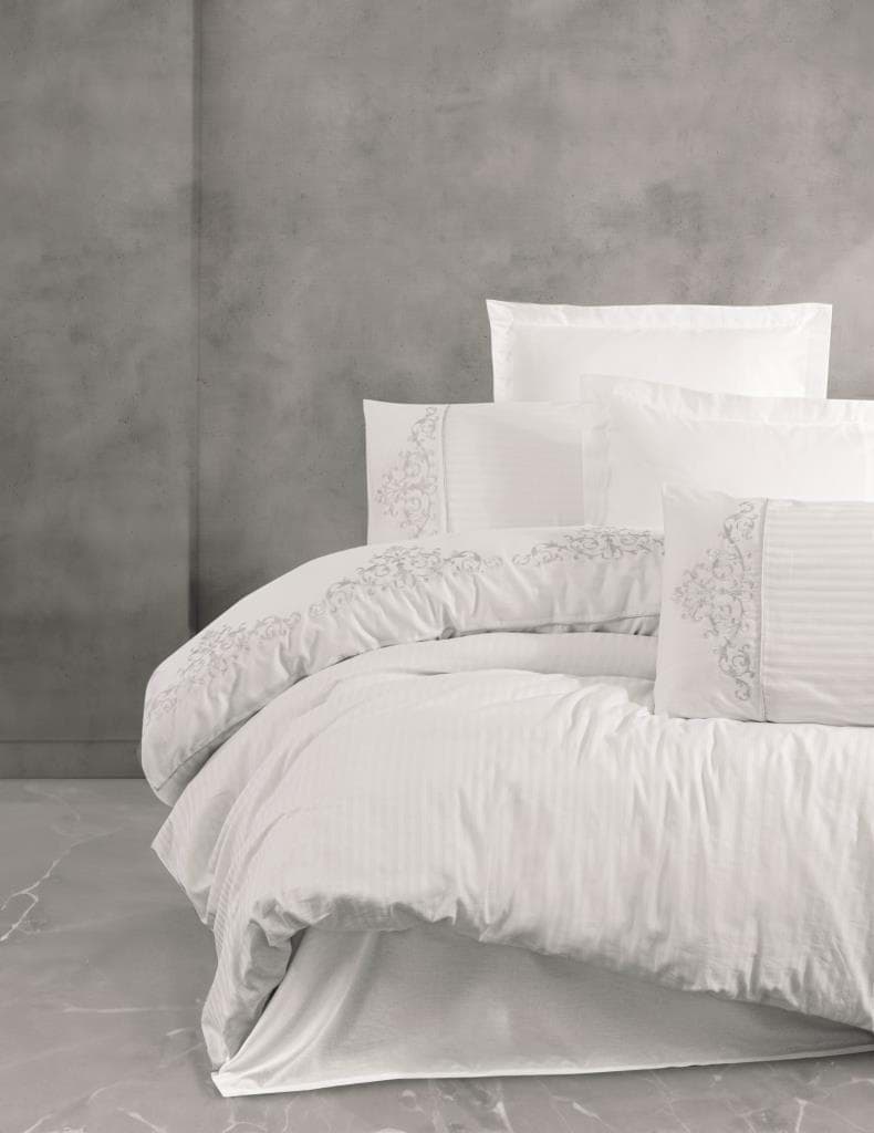 Picture of Cotton Box Brode Embroidered Double Satin Duvet Cover Set Genny Beyaz