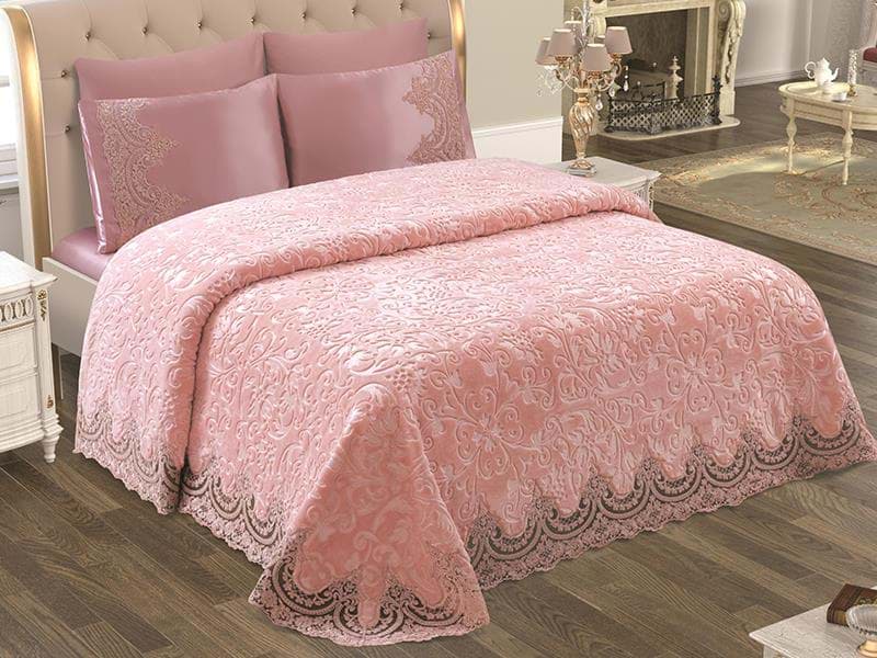 Nevresim Dünyası Anna Karina Çift Kişilik Çeyizlik Battaniye Takımı Safir Pudra resmi