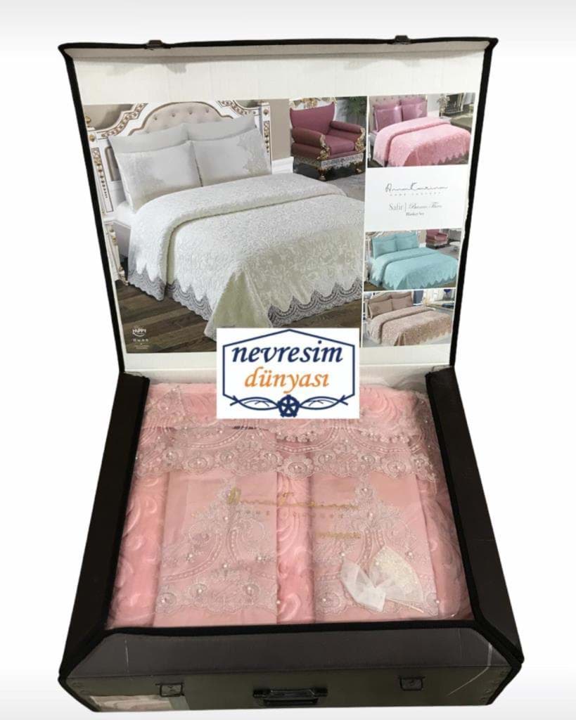 Nevresim Dünyası Anna Karina Çift Kişilik Çeyizlik Battaniye Takımı Safir Pudra resmi