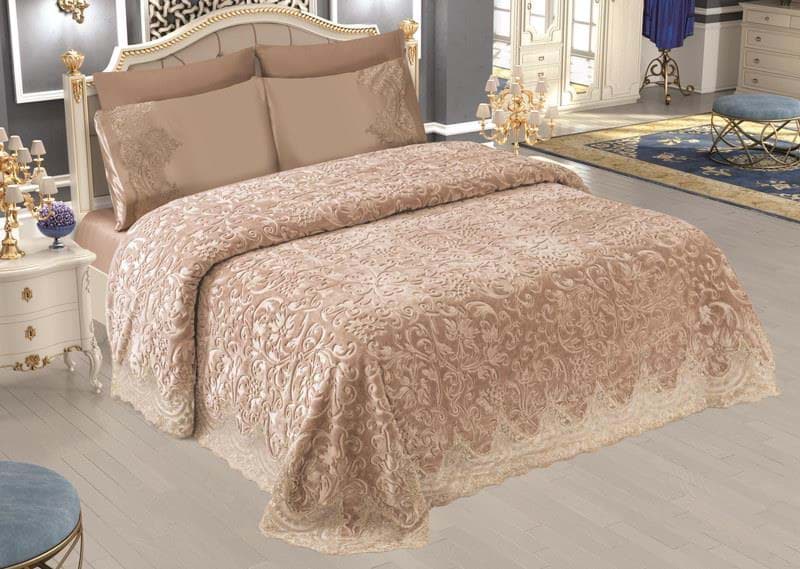 Nevresim Dünyası Anna Karina Çift Kişilik Çeyizlik Battaniye Takımı Safir Cappucino resmi