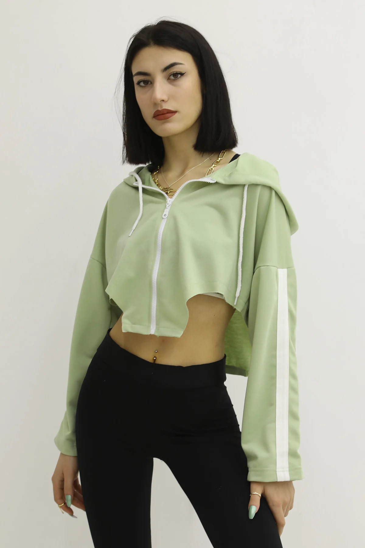 Picture of Kapşonlu Yan Dekolteli Sweat Yeşil - P-019669