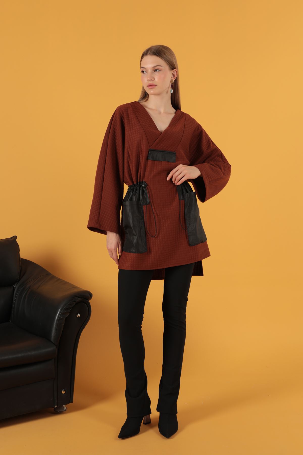 Picture of Petek Kumaş Garnili Oversize Kadın Sweat-Kahve