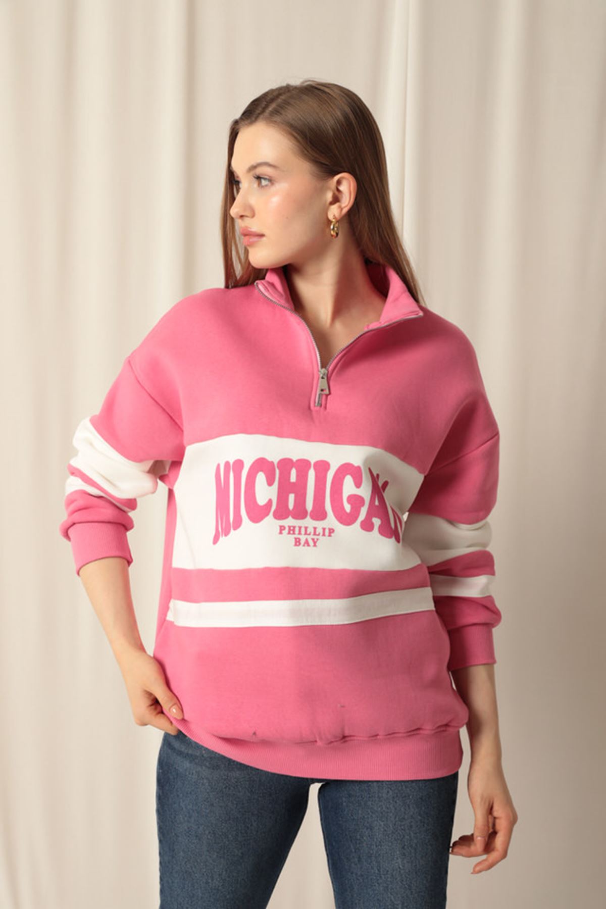 Picture of Üç İplik Michigan Baskılı Fermuarlı Kadın Pembe Sweat