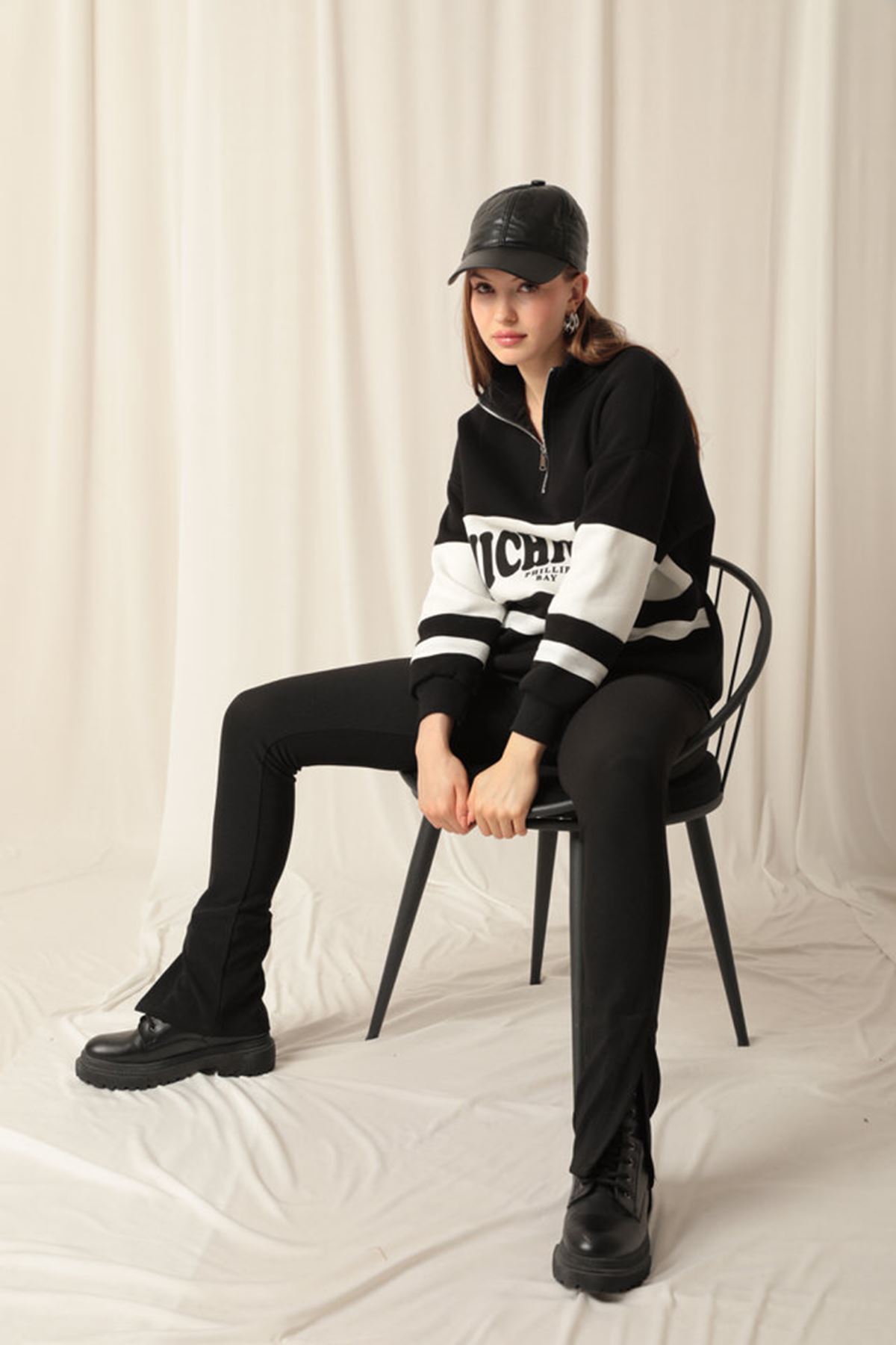 Picture of Üç İplik Michigan Baskılı Fermuarlı Kadın Siyah Sweat