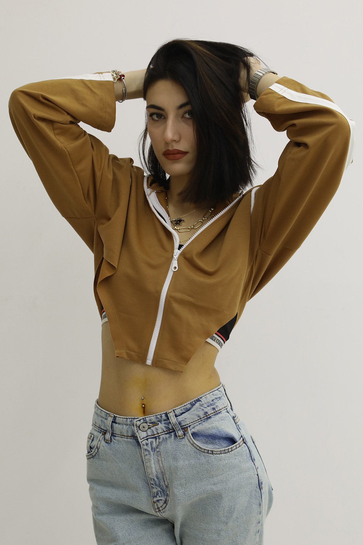 Picture of Kapşonlu Yan Dekolteli Sweat Taba - P-019669