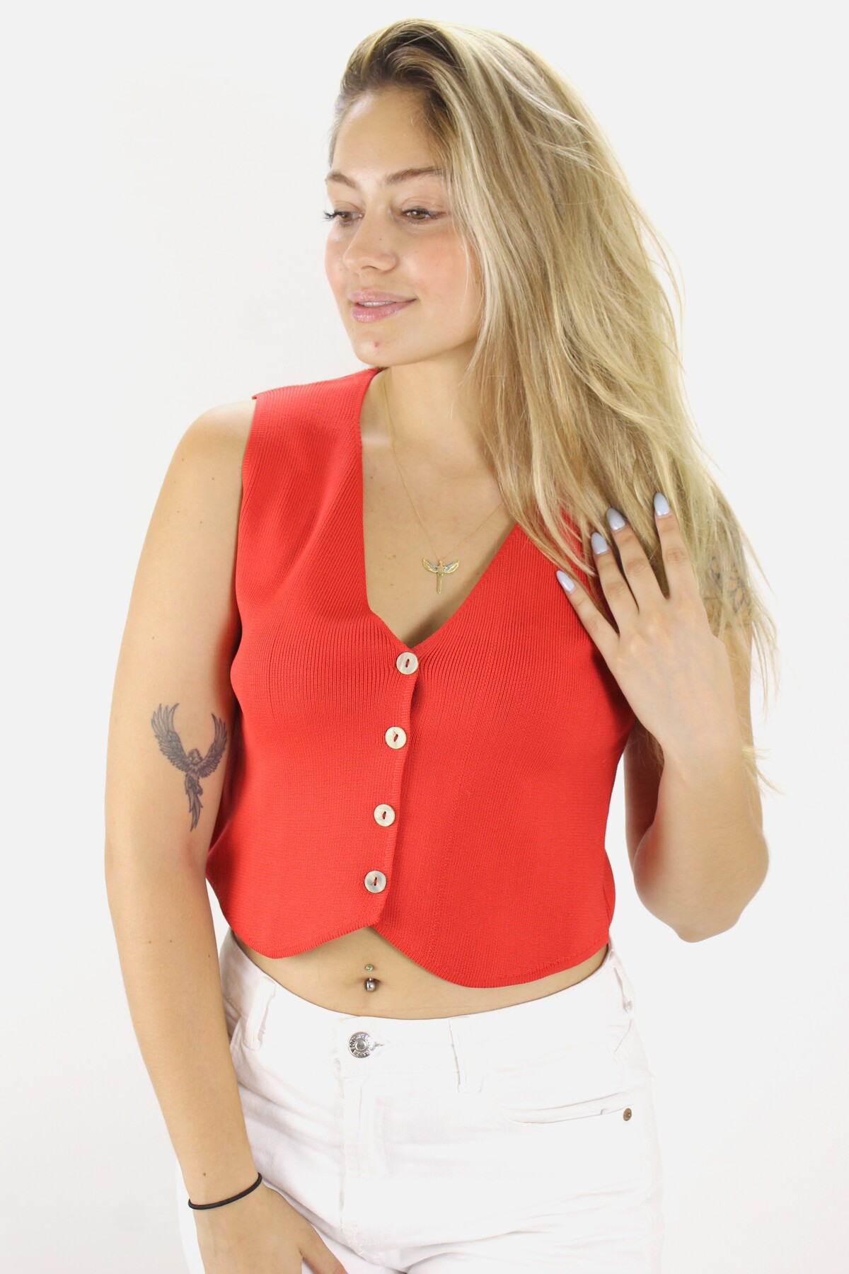 Picture of Düz Triko Crop Yelek Bluz Kırmızı - 1468.100