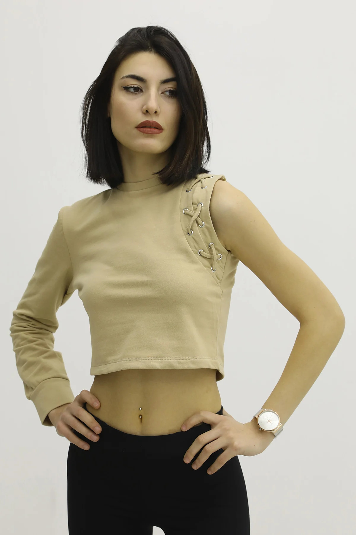 Picture of Bisiklet Yaka Tek Kol Bluz Vizon - P-019678