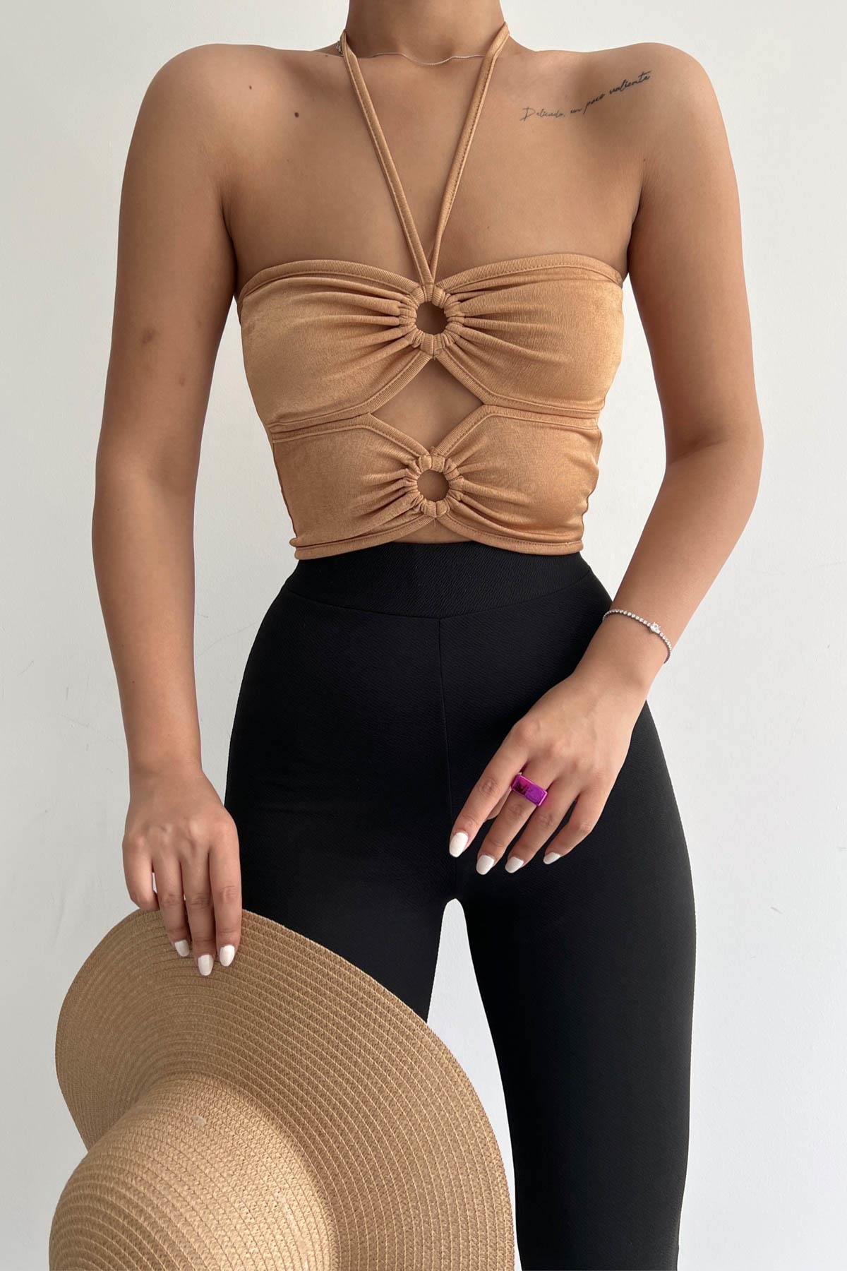 Picture of Halka Tokalı Cut Out Top Bluz Camel - 1514.9135.
