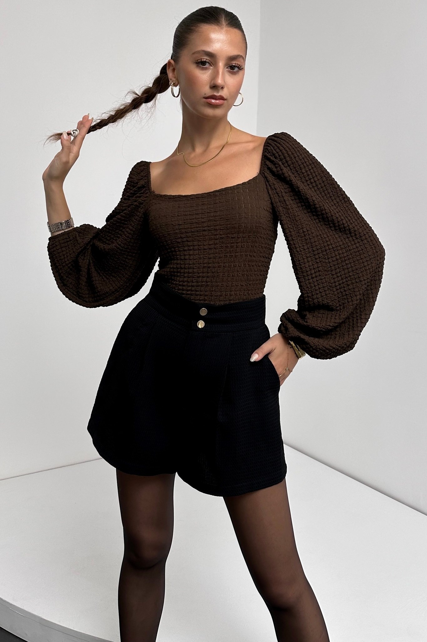 Picture of Kare Yaka Balon Kol Bluz