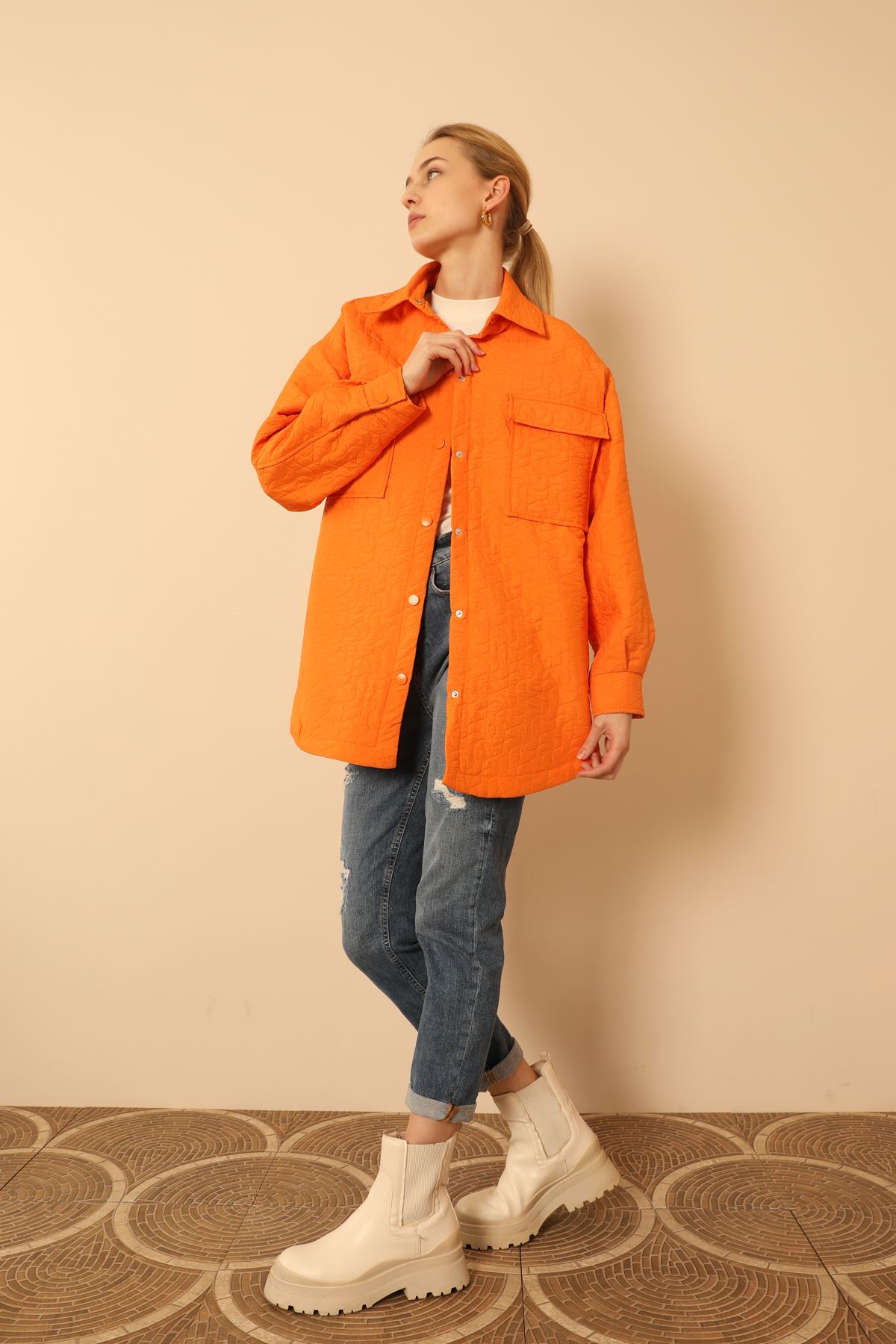 Picture of Jakar Kumaş Geometrik Desen Oversize Kadın Gömlek-Oranj