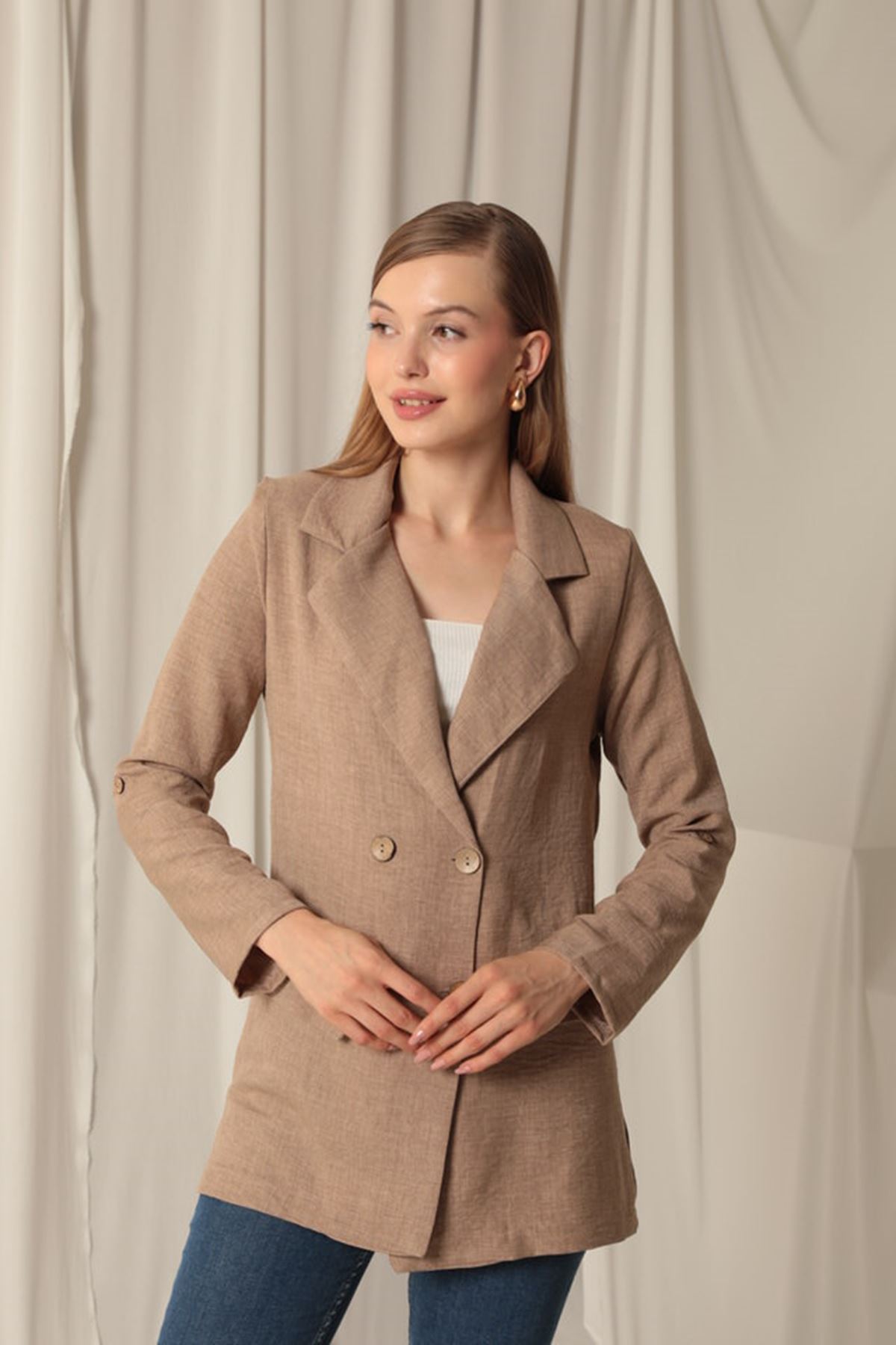 Picture of Melanj Keten Kumaş Kadın Taba Ceket