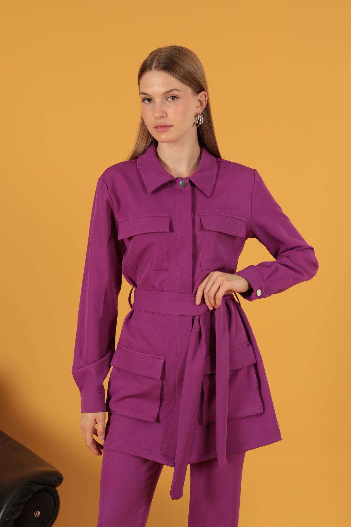 Picture of Atlas Kumaş Cep Espirili Kadın Ceket-Mürdüm