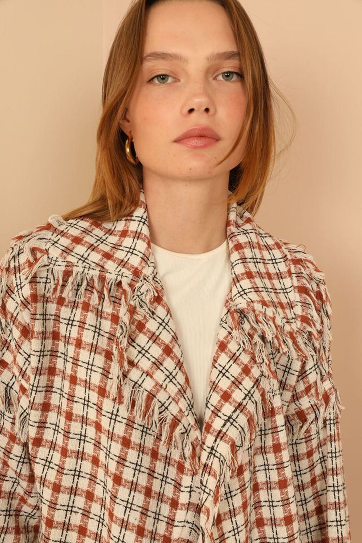 Picture of Tüvit Kumaş Uzun Kol Basen Boy Bol Kalıp Kadın Ceket-Taba