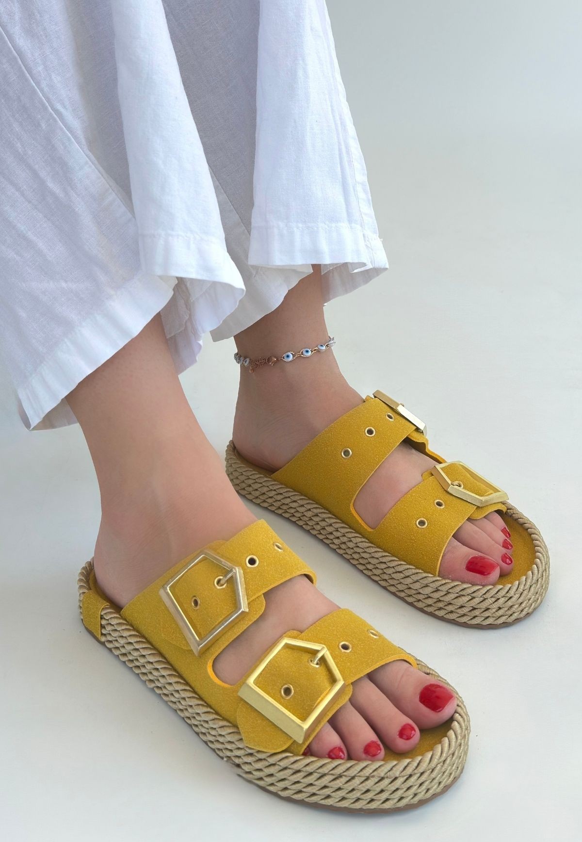 Picture of Loera Sarı Nubuk Çift Tokalı Terlik