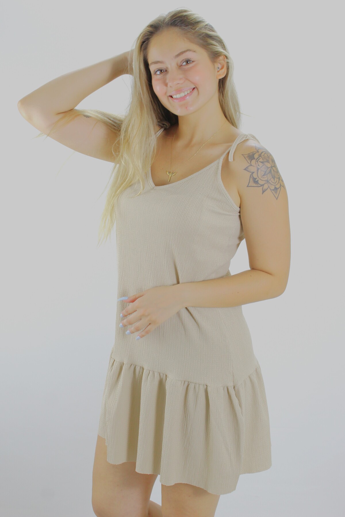 Picture of Krinkıl İp Askılı Elbise Vizon - 1456.65