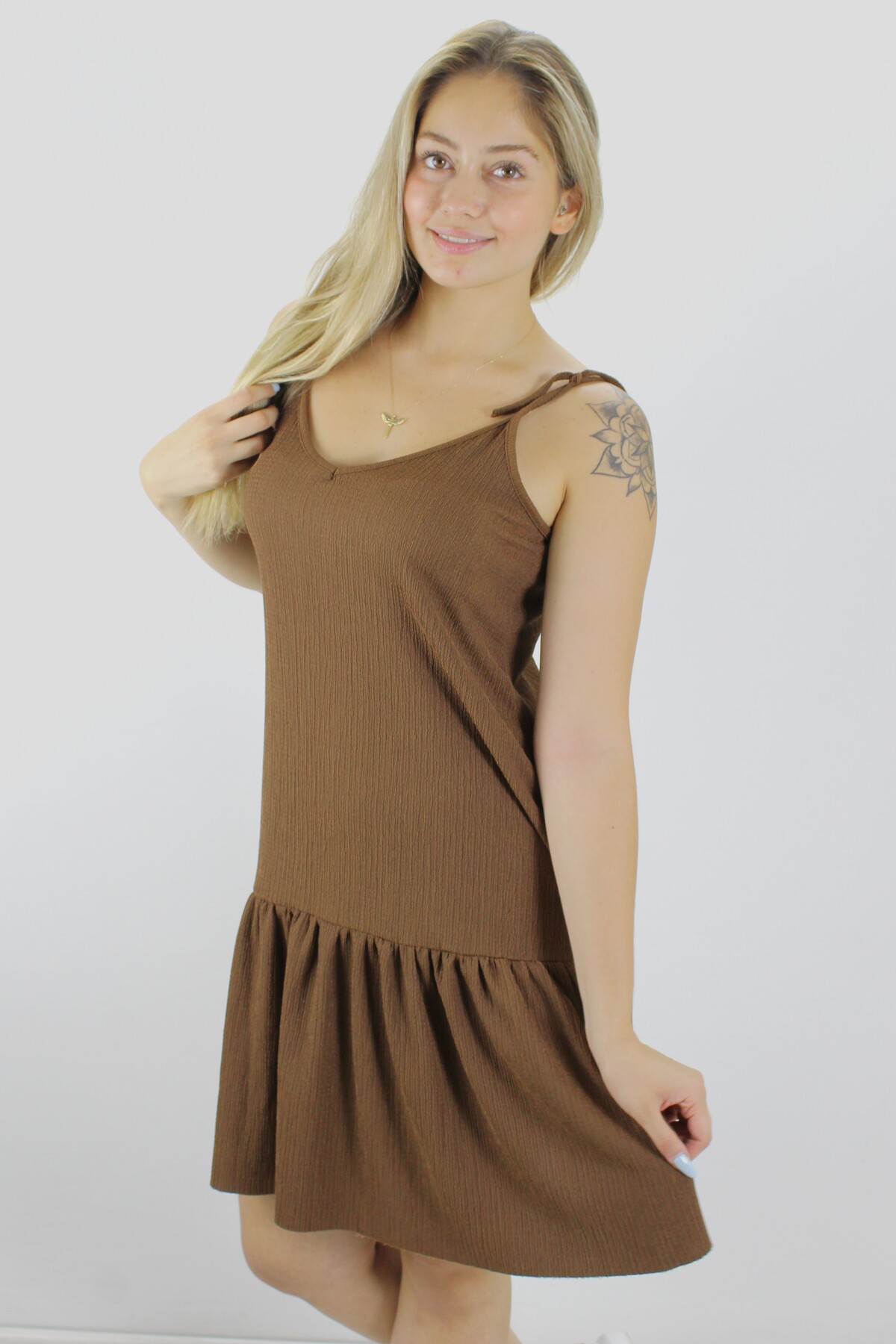 Picture of Krinkıl İp Askılı Elbise Kahve - 1456.65