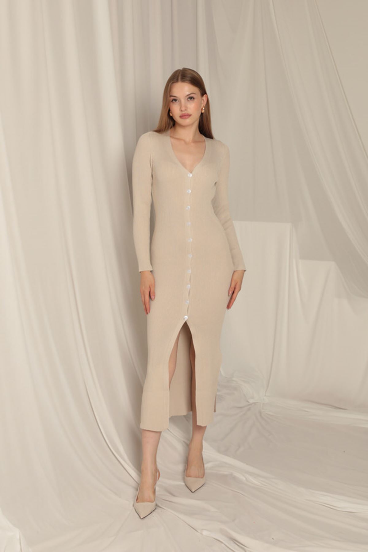 Picture of Triko Kumaş Düğmeli Kadın Taş Elbise