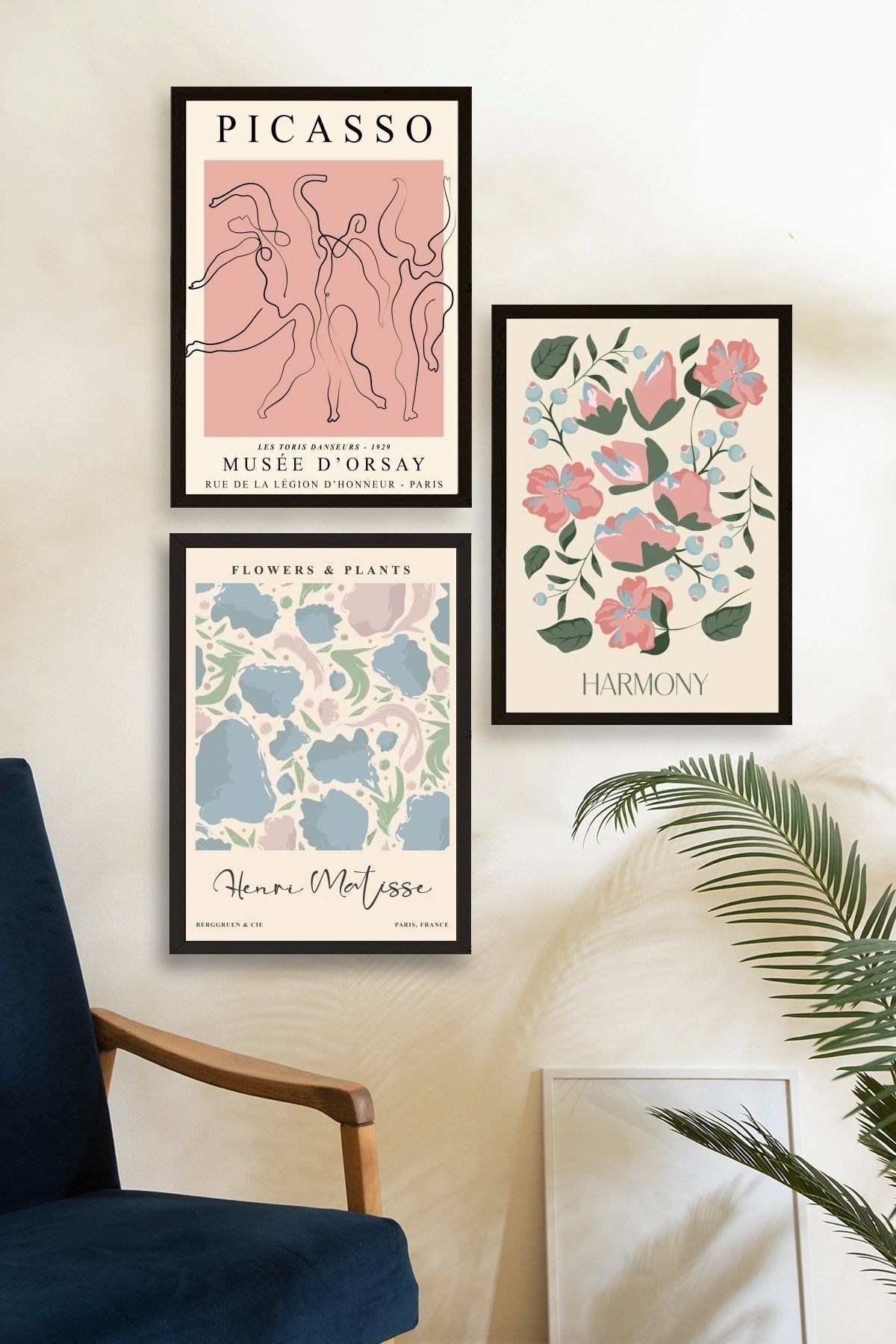 Ünlü Tablolar Üçlü Ahşap Çerçeveli Tablo resmi