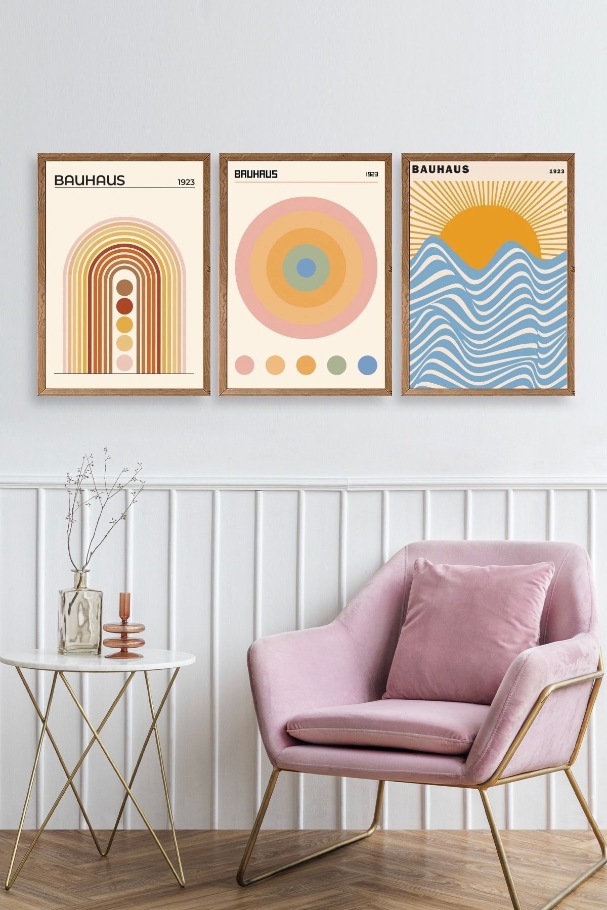 Bauhaus Üçlü Ahşap Çerçeveli Tablo resmi