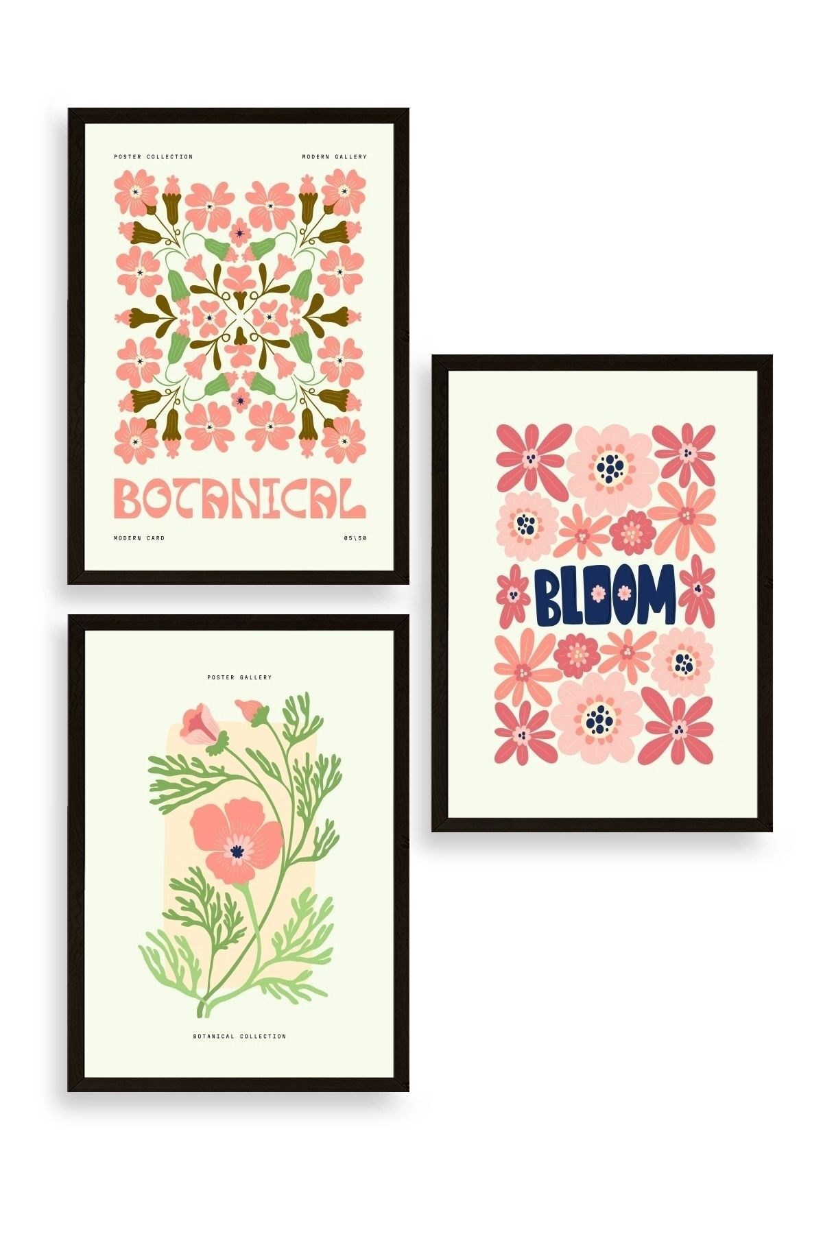 Botanik Üçlü Ahşap Çerçeveli Tablo resmi