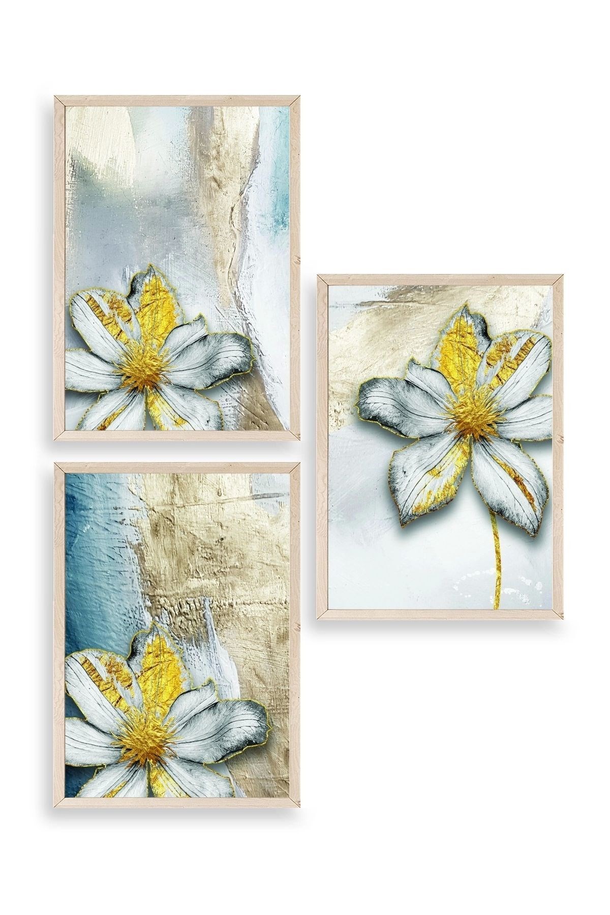 Çiçek Desenli Üçlü Ahşap Çerçeveli Tablo resmi