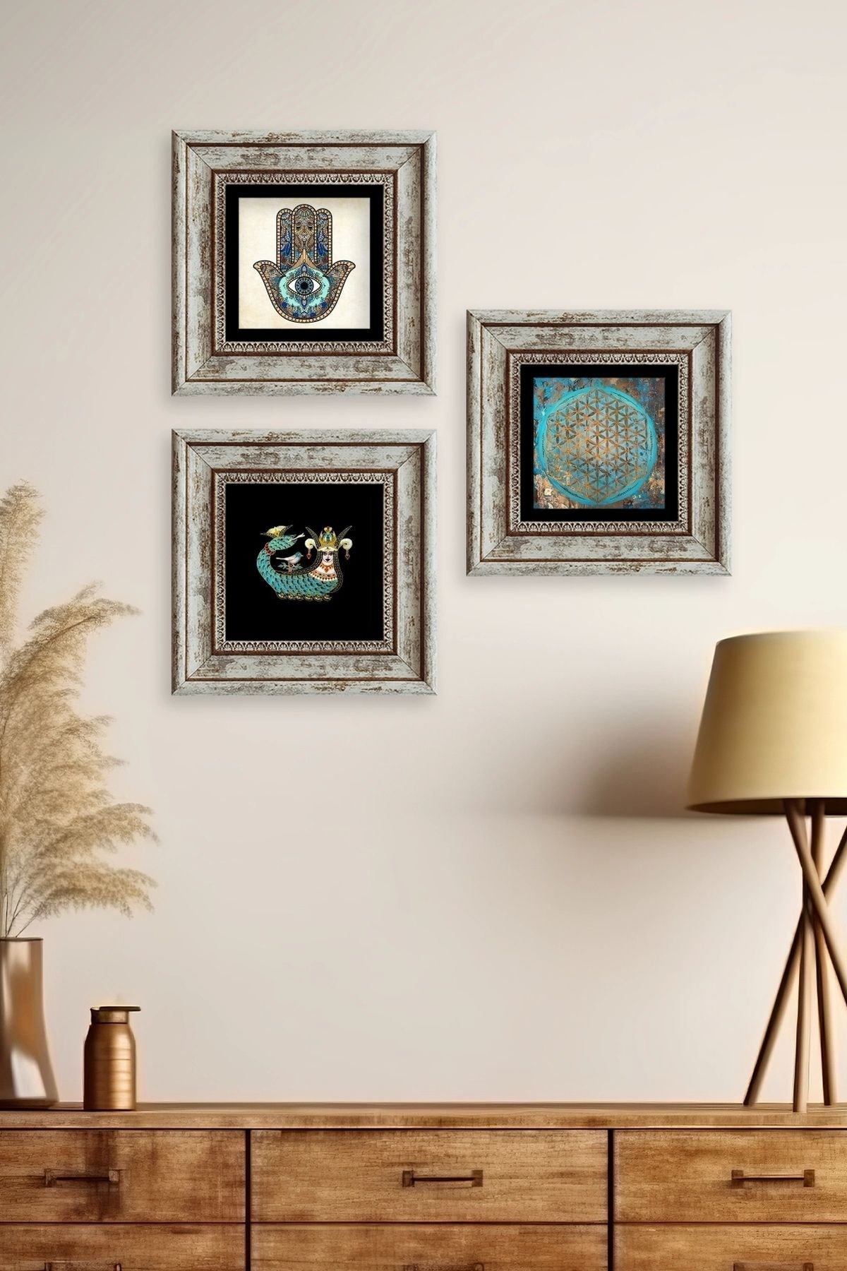 Mistik 3 lü Set Çerçeveli Taş Tablo resmi