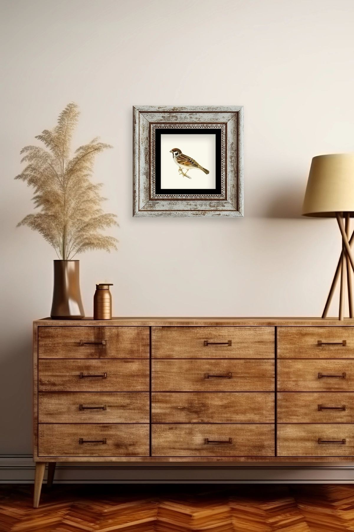 Daldaki Serçe Çerçeveli Taş Tablo resmi