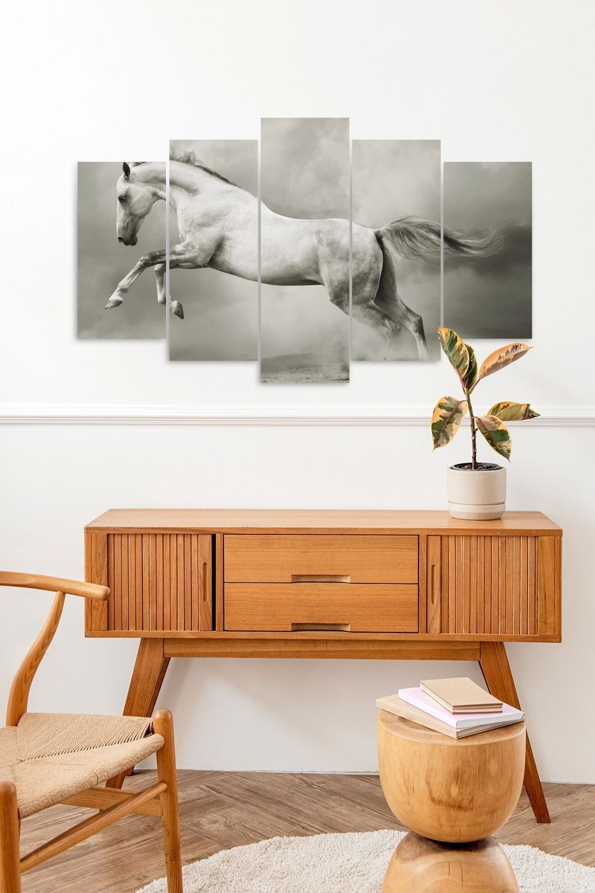Beyaz At Manzarası 5 Parçalı Mdf Tablo resmi