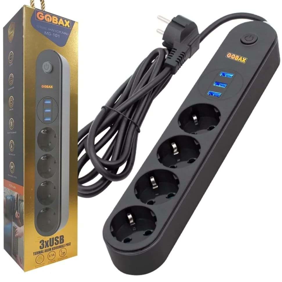 Gobax No:101 Akim Korumali 3usb Port Girişli 4 Lü Priz 2mt resmi