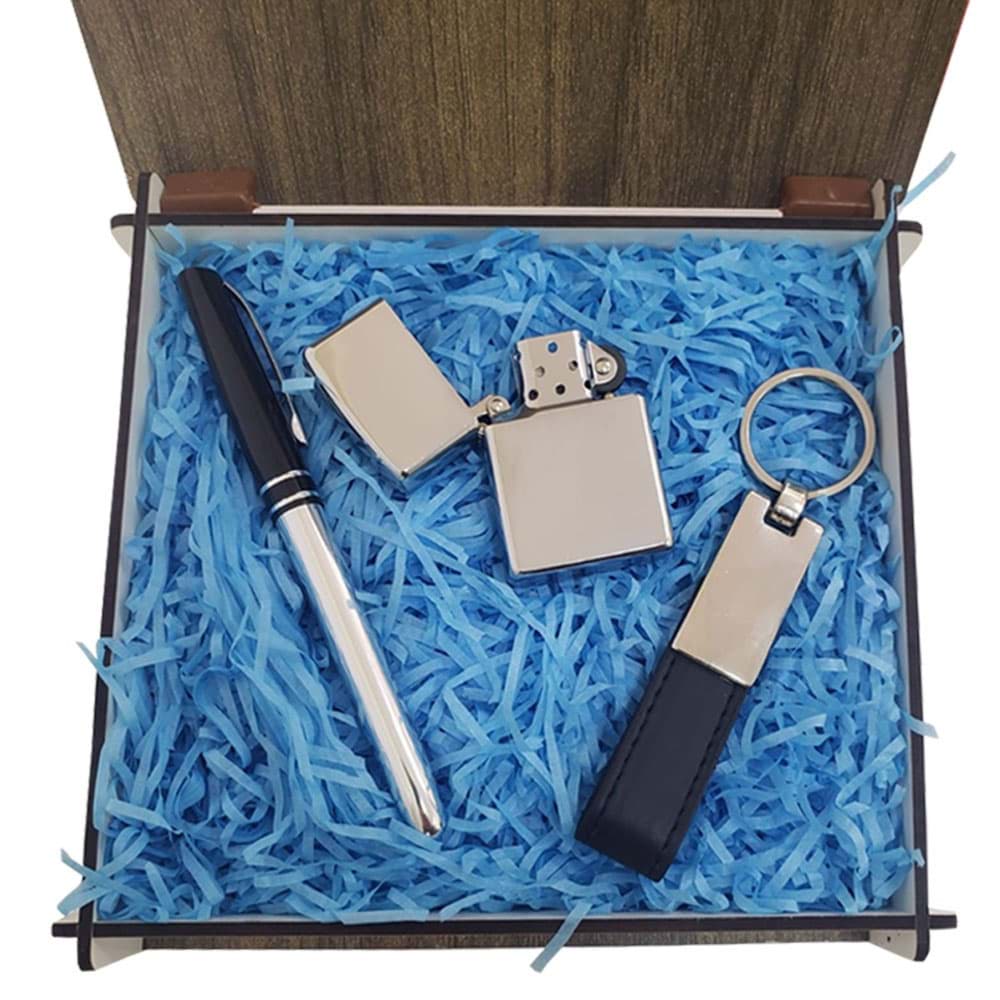 Özel Ahşap Kutulu Silver Roller Kalem Çakmak ve Deri Anahtarlık Seti resmi