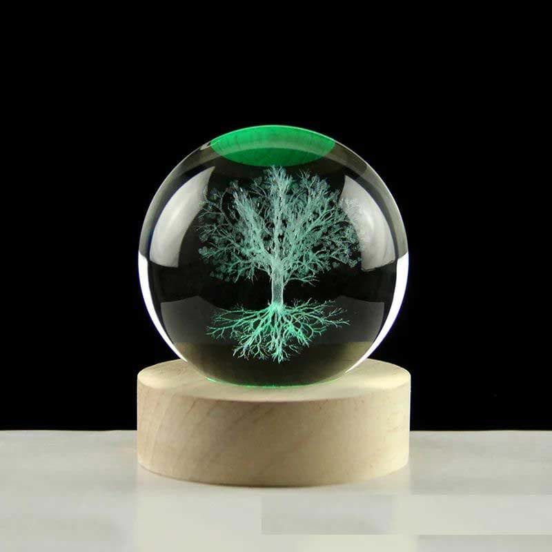 Dekoratif Ağaç Tasarımlı Ahşap Altlıklı Işıklı Cam Küre Büyük Boy 8 Cm MZ4-2311 resmi