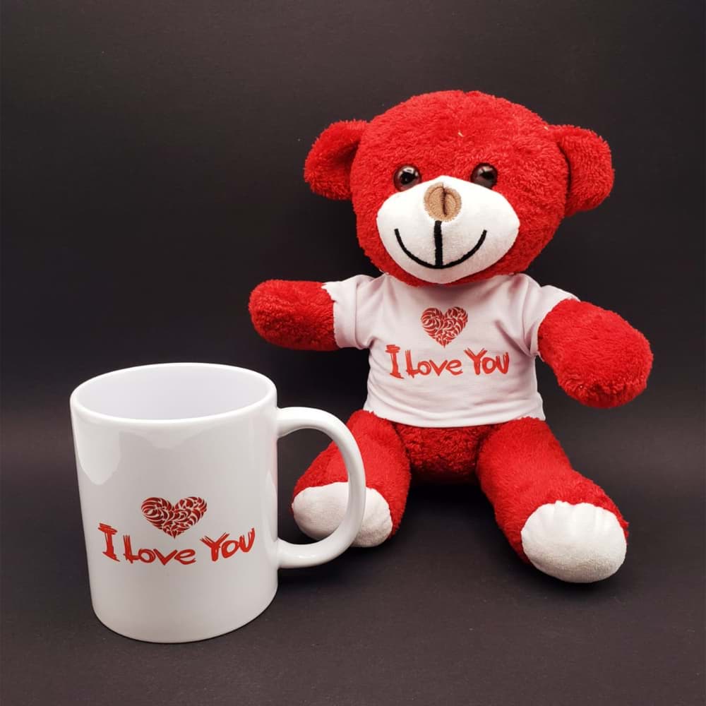 I Love You Baskılı Kupa ve Kırmızı Ayıcık Seti resmi