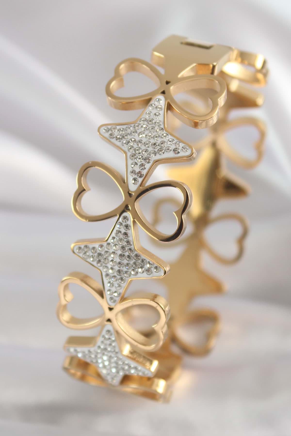 316L Çelik Gold Renk Zirkon Taşlı Yıldız Kalp Model Kadın Bileklik - TJ-BB5910 resmi