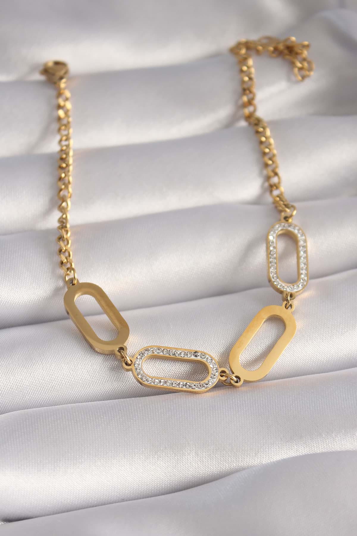 316L Çelik Gold Renk Zirkon Taşı Halka Model Kadın Bileklik - TJ-BB5931 resmi