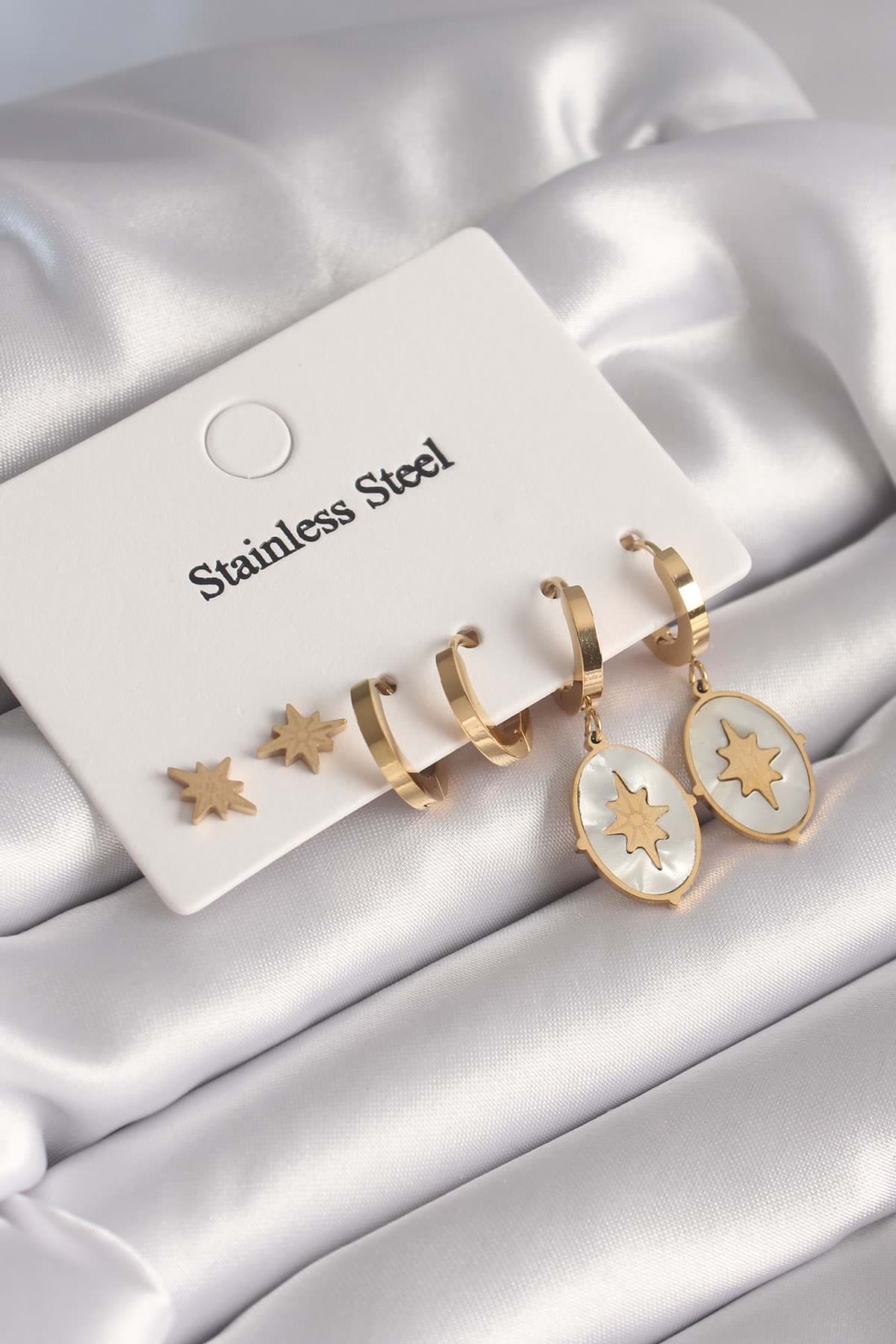 Picture of 316L Çelik Gold Renk Kutup Yıldızı Model Kadın Küpe Seti - TJ-BKP8648