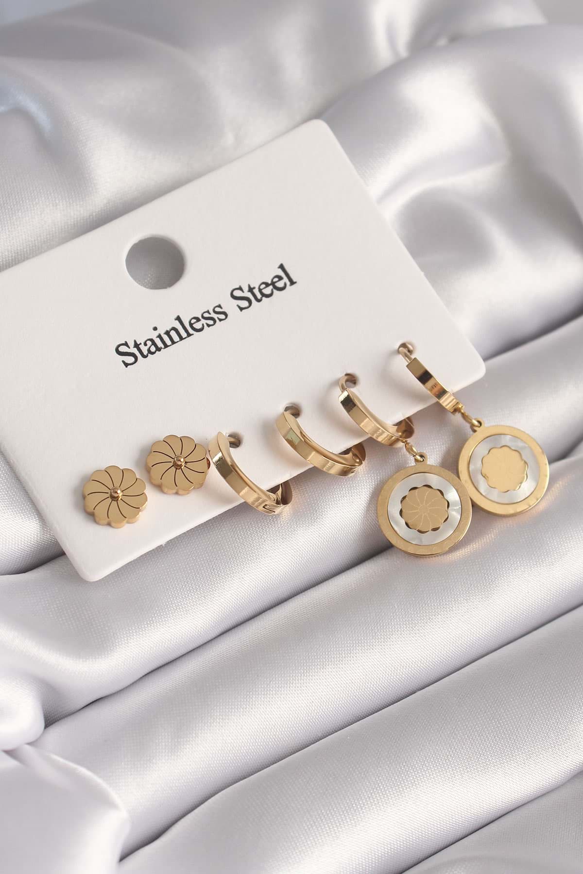 Picture of 316L Çelik Gold Renk Sedefli Lotus Model Kadın Küpe Seti - TJ-BKP8650