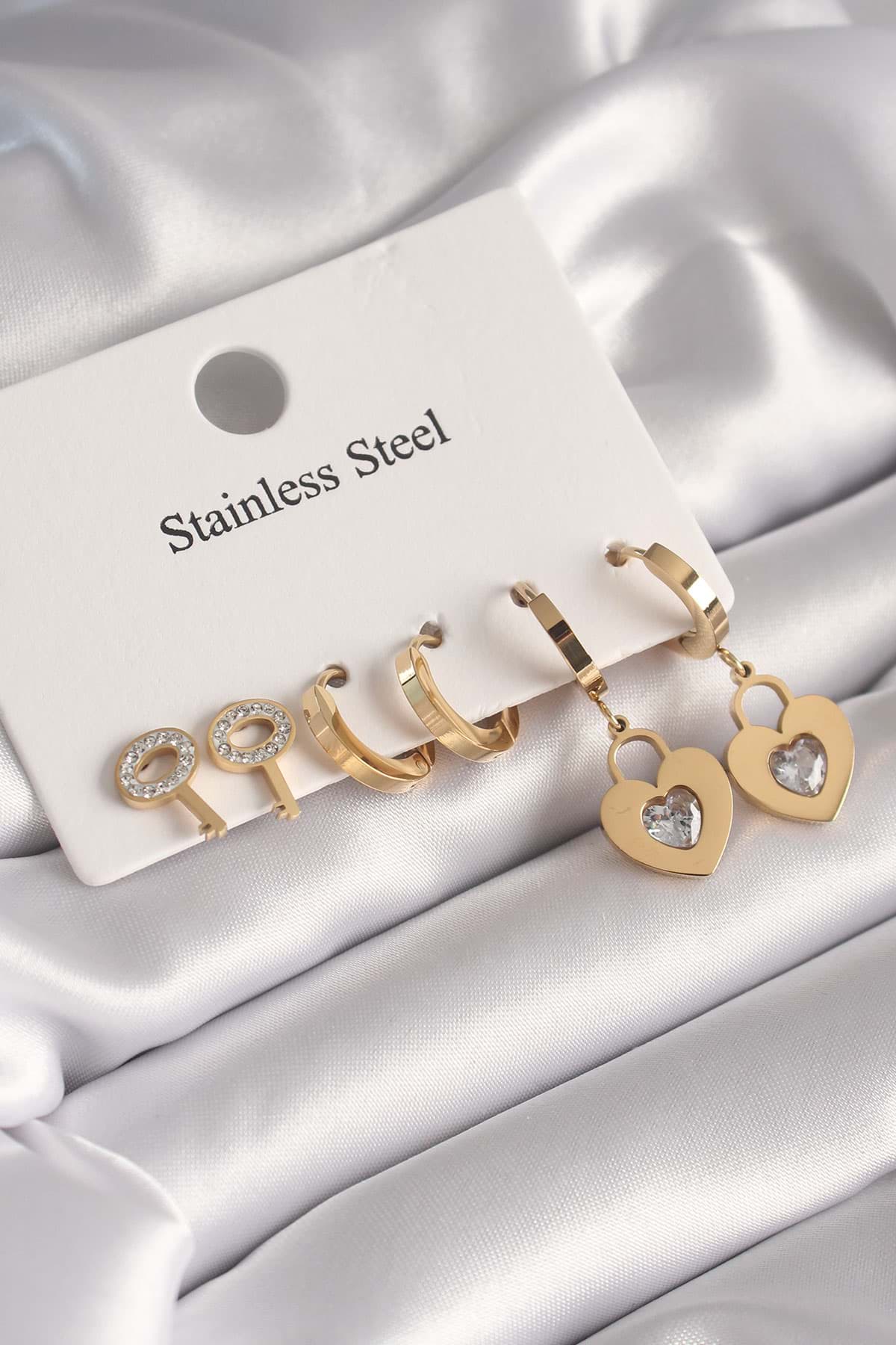316L Çelik Gold Renk Kilit Kalp Model Zirkon Taşlı Kadın Küpe Seti - TJ-BKP8653 resmi