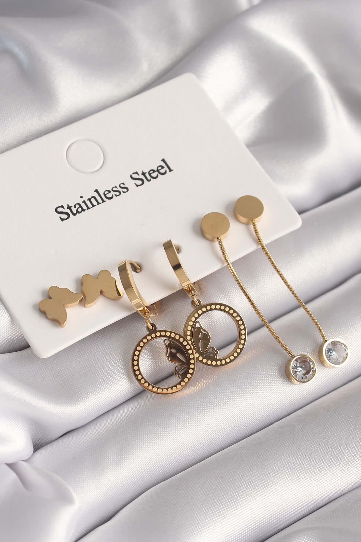 316L Çelik Gold Renk Kelebek Model Zirkon Taşlı Kadın Küpe Seti - TJ-BKP8655 resmi