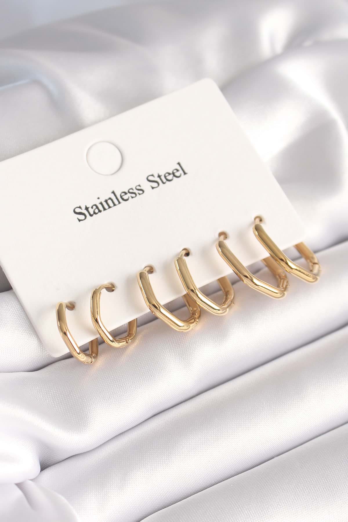 316L Çelik Gold Renk Geometrik Model Kadın Küpe Seti - TJ-BKP8663 resmi