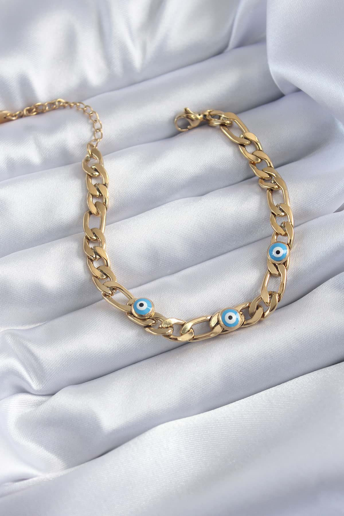 316L Çelik Gold Renk Zincir Model Nazar Boncuklu Kadın Bileklik - TJ-BB5676 resmi