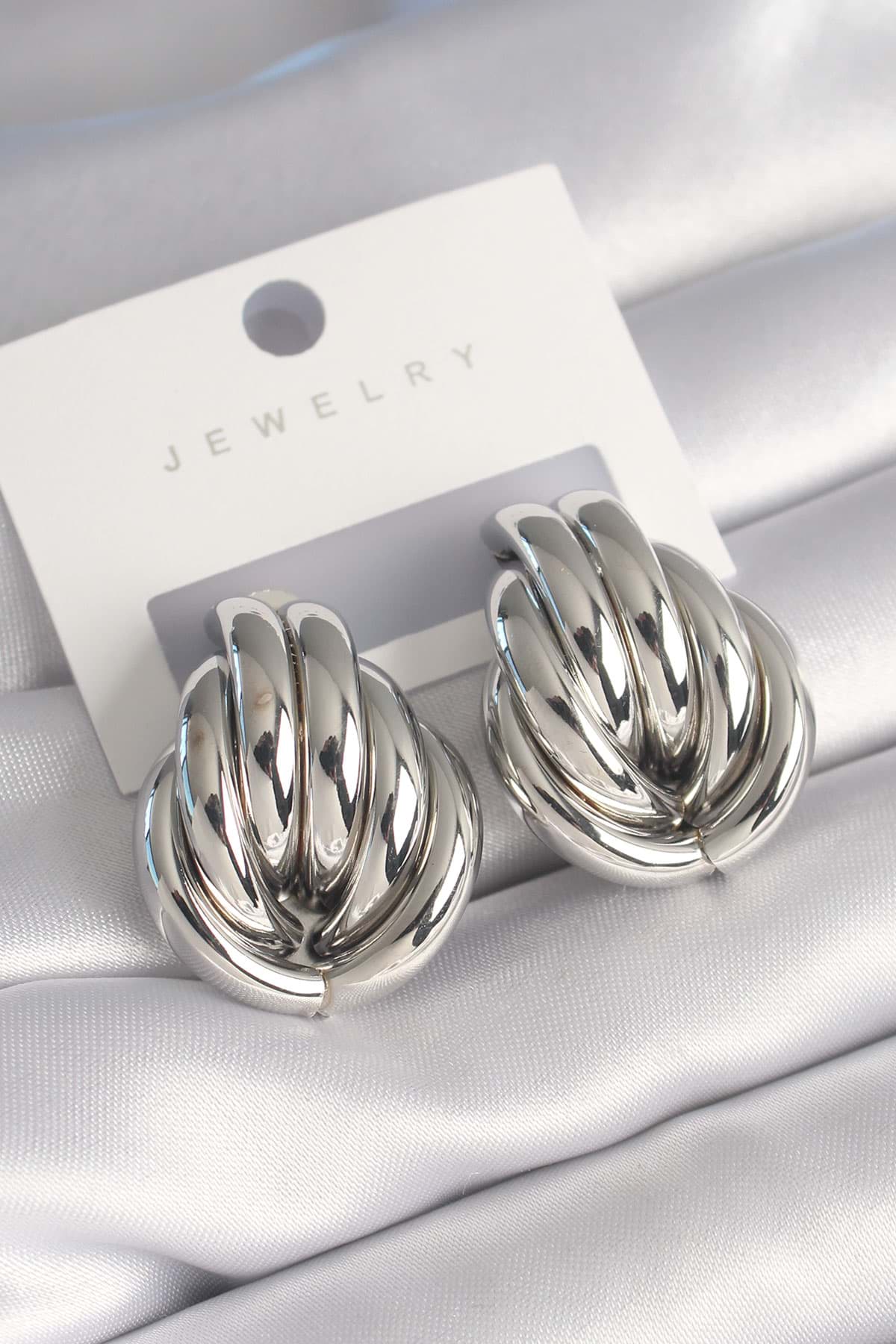 Pirinç Gümüş Renk İç İçe Geçme Model Kadın Küpe - TJ-BKP8732 resmi