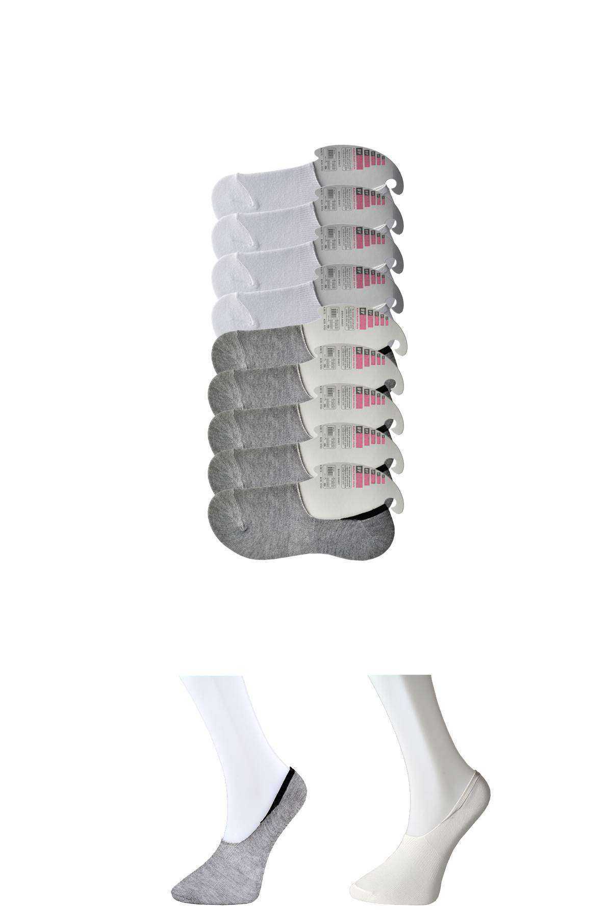 Gri ve Beyaz Kadın Babet Çorap 9 çift resmi