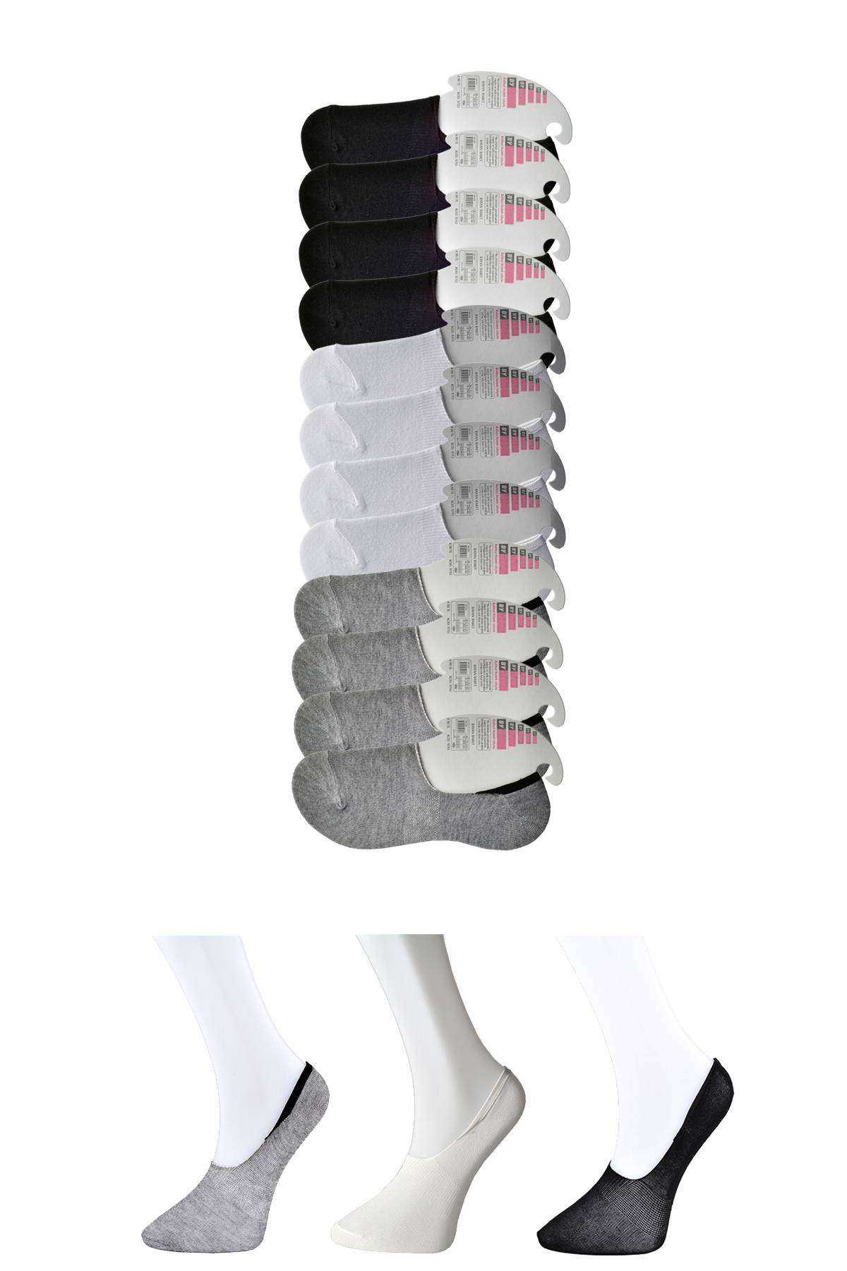 Siyah Gri ve Beyaz Kadın Babet Çorap 12 çift resmi