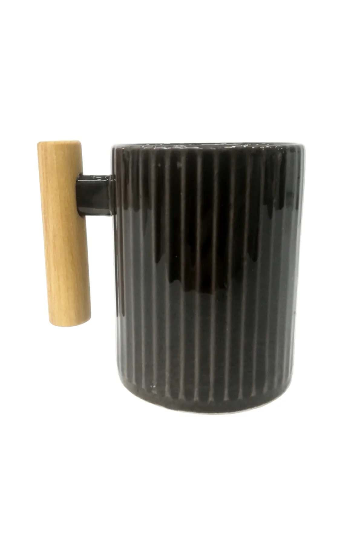 Ahşap Saplı Seramik Çay Nescafe Kupası Siyah resmi