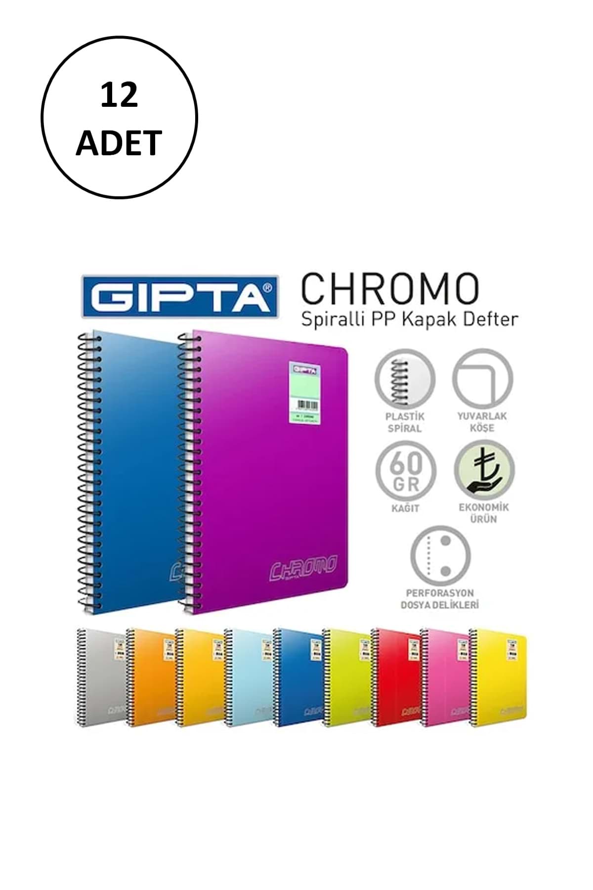 Chromo Spiralli Pp Kapak Defter A4-60 Yaprak Düz 12 Adet resmi