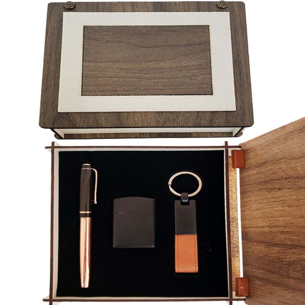 Özel Ahşap Kutulu Bakır Roller Kalem Anahtarlık ve Çakmak Set resmi