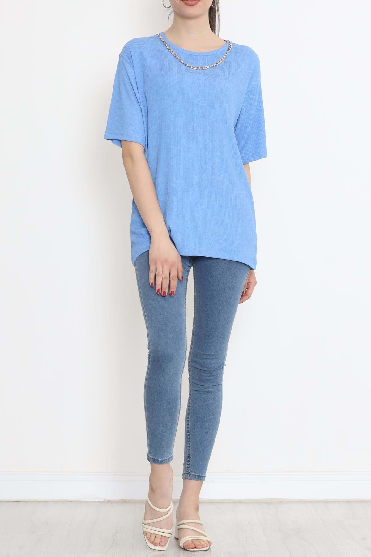 Yaka Zincir Detaylı Tişört Mavi - 2494.555. resmi